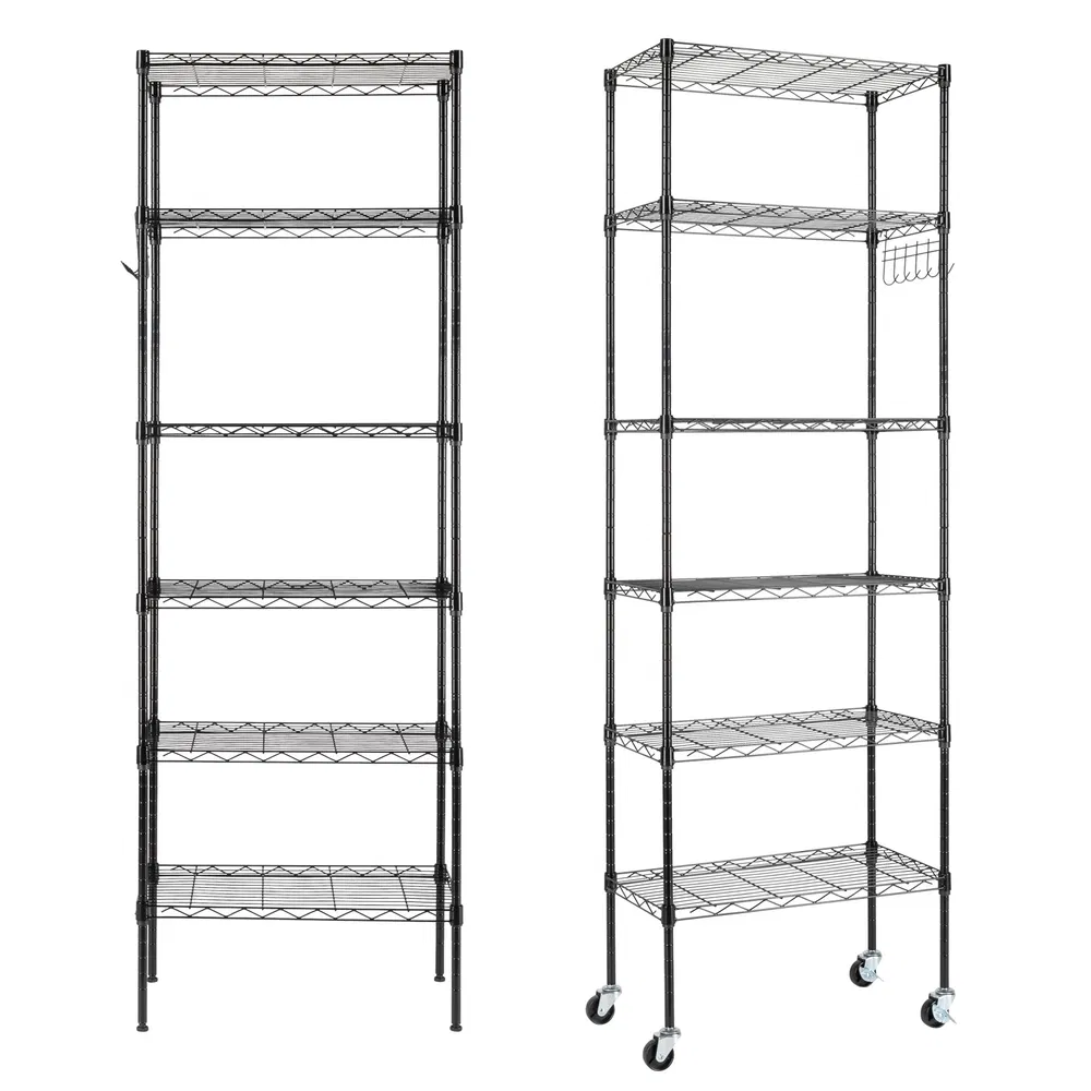 6-Tier Adjustable Layer Shelf With 6 Hooks Heavy Duty Steel Storage Rack Caster Wheels Leveling Feet 55x30x165cm Black_voghion.com