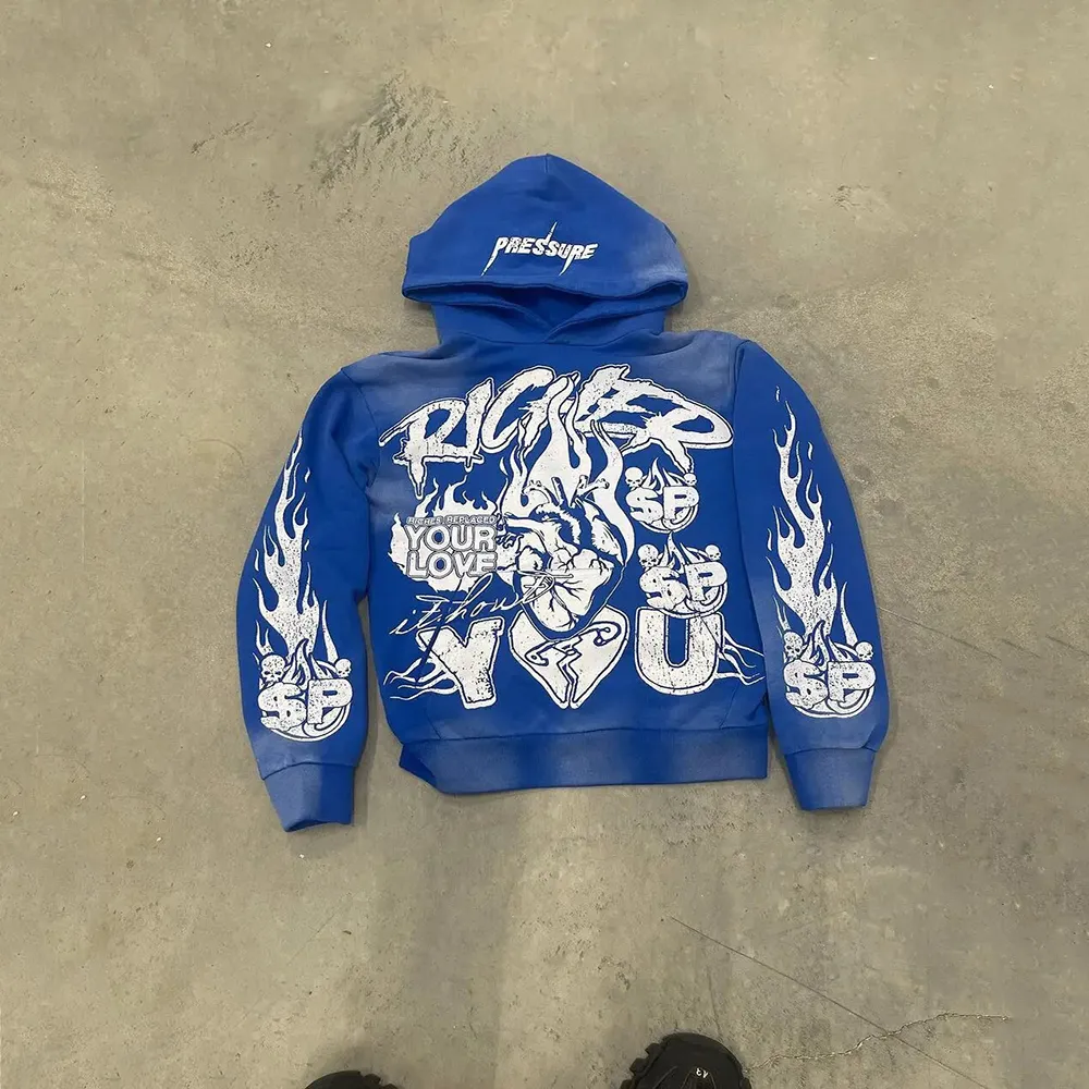 Tasarımcı Vintage Erkek Sweatshirtleri Grafik Baskılı Kazak Haruku Retro Y2K Sokak Giyimi High Street Yıkanmış Siyah Kapşonlu_voghion.com