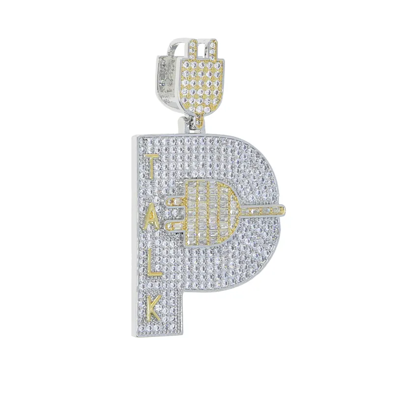 Chaînes Plaqué Or Hip Hop Hommes Bijoux Micro Pave Iced Out Bling Cubique Zircone Pavé Lettre P Forme Talk Plug Pendentif_voghion.com