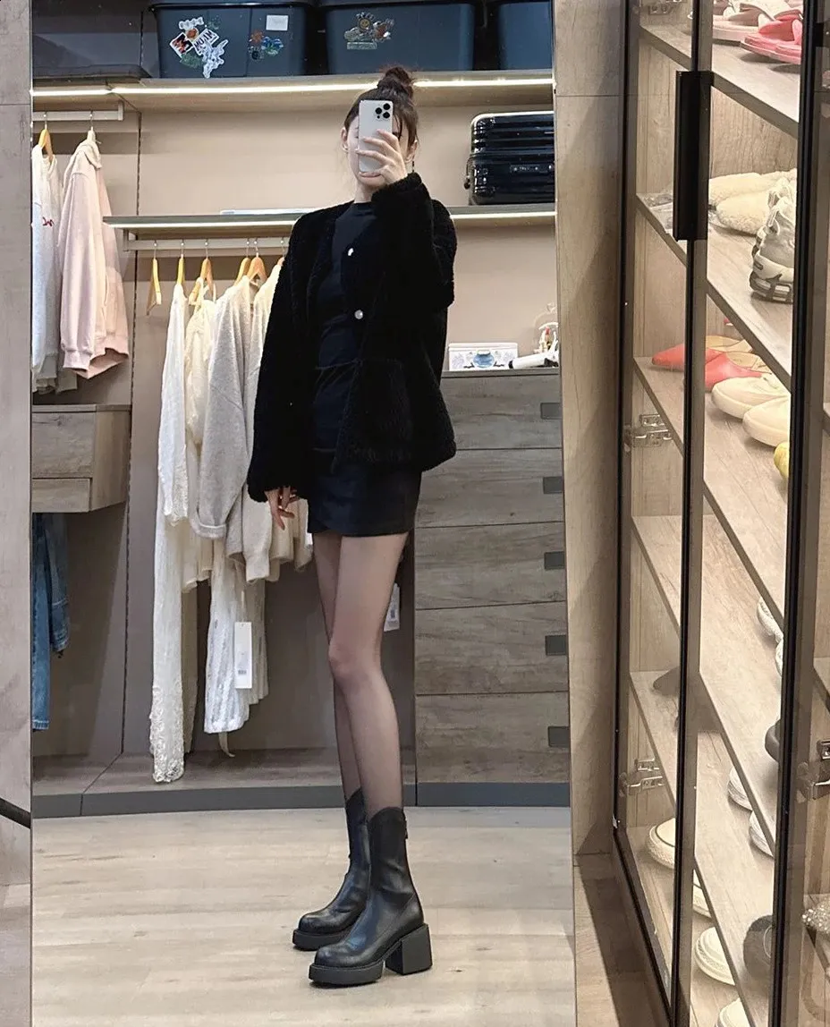 High ankle work very high heels brown short and chubby platform womens waterproof boots black Pu 240911_voghion.com