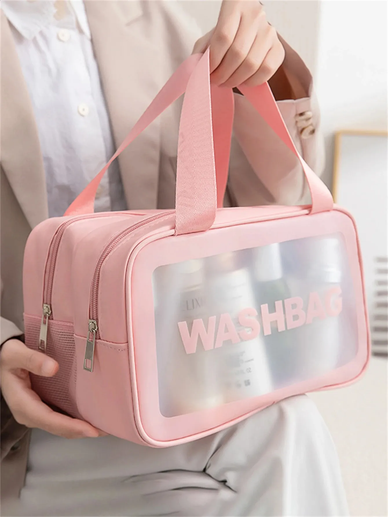 Fashion portable large capacity makeup Double layer frosted dry wet separation wash bag; Multifunctional travel storage_voghion.com