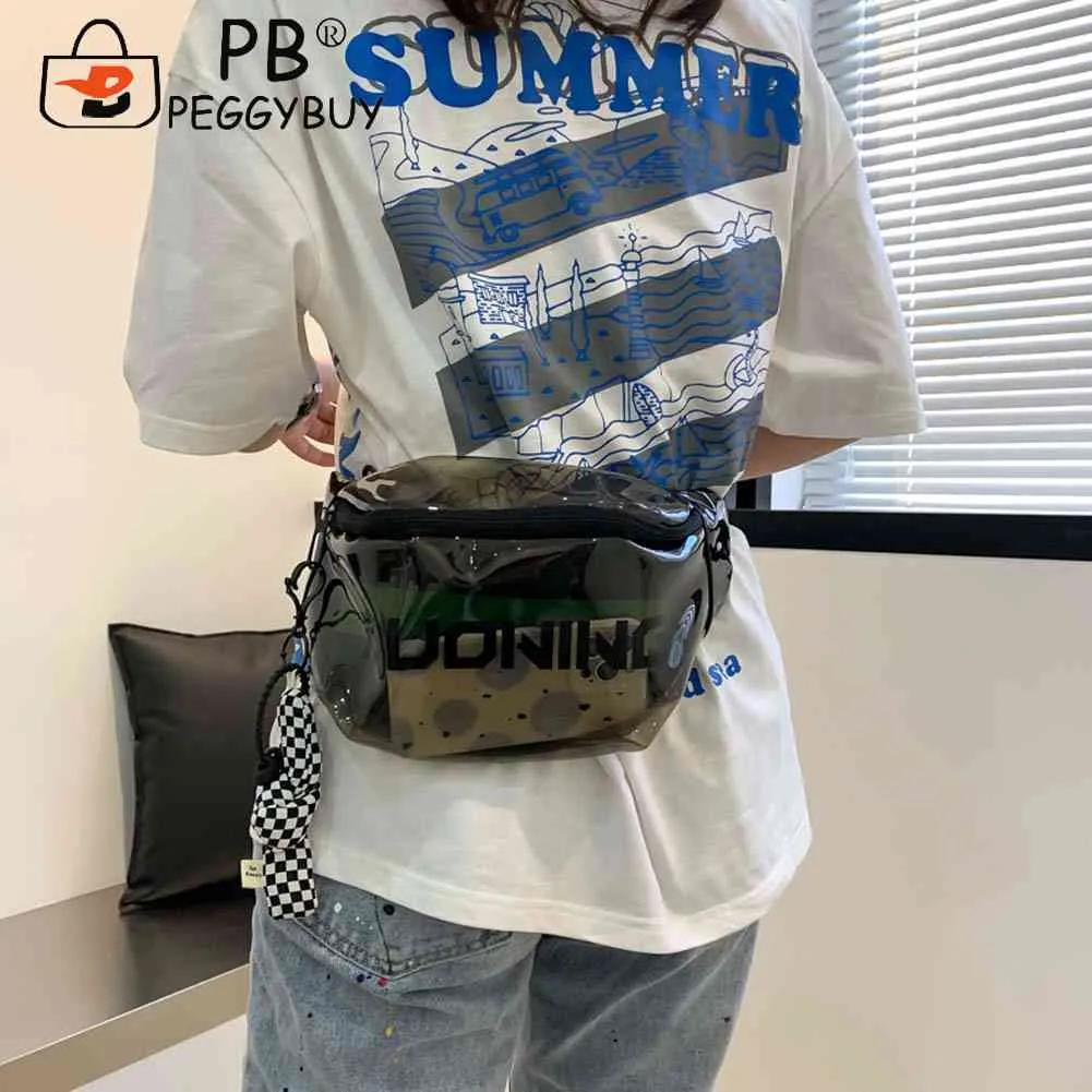 Fashion Fanny Packs Unisex Clear PVC Waist Pouch Multi-functional Letter Printed With Pendant Adjustable Buckle Strap_voghion.com