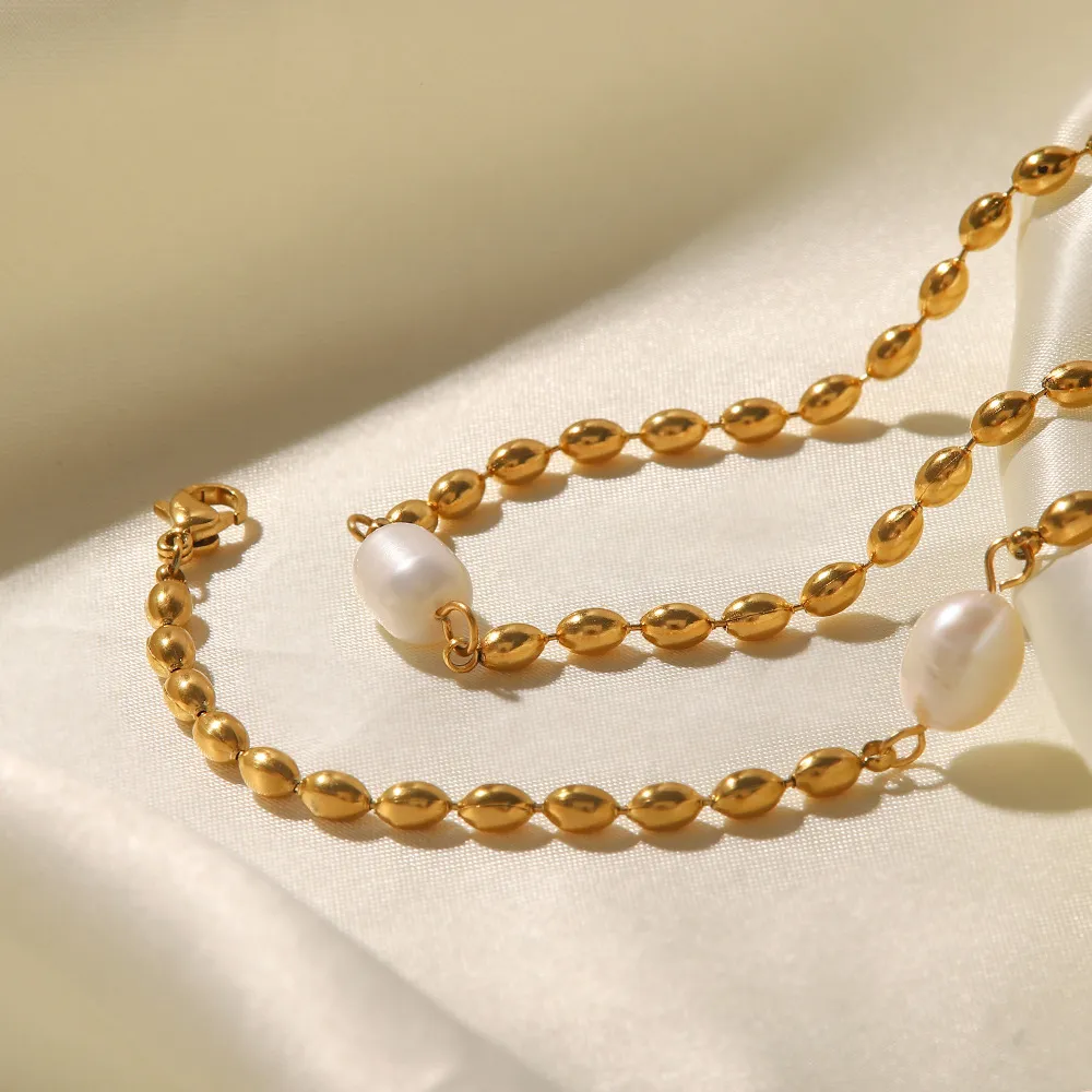 Set collana e bracciale a catena con perle in acciaio donna_voghion.com