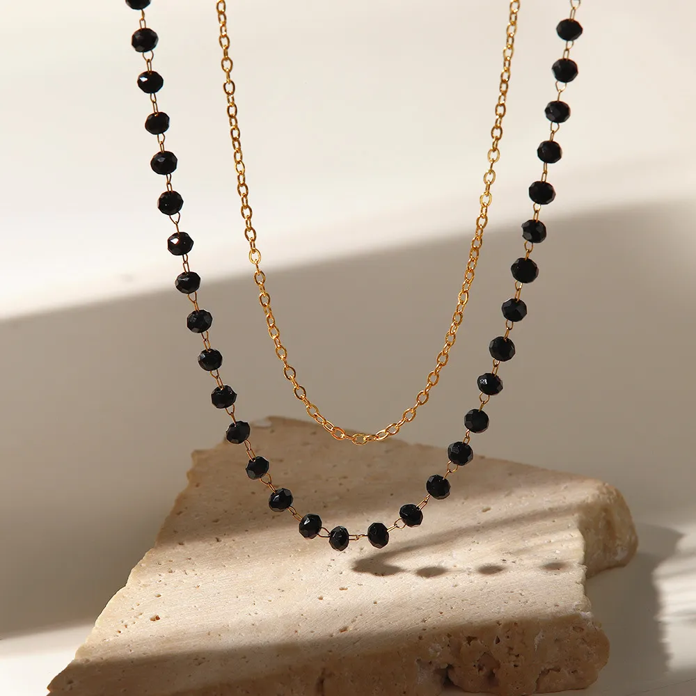 Lanțuri stil boho din oțel inoxidabil cu mărgele negre și piatră de sticlă dublă colier felie accesorii pentru femei_voghion.com