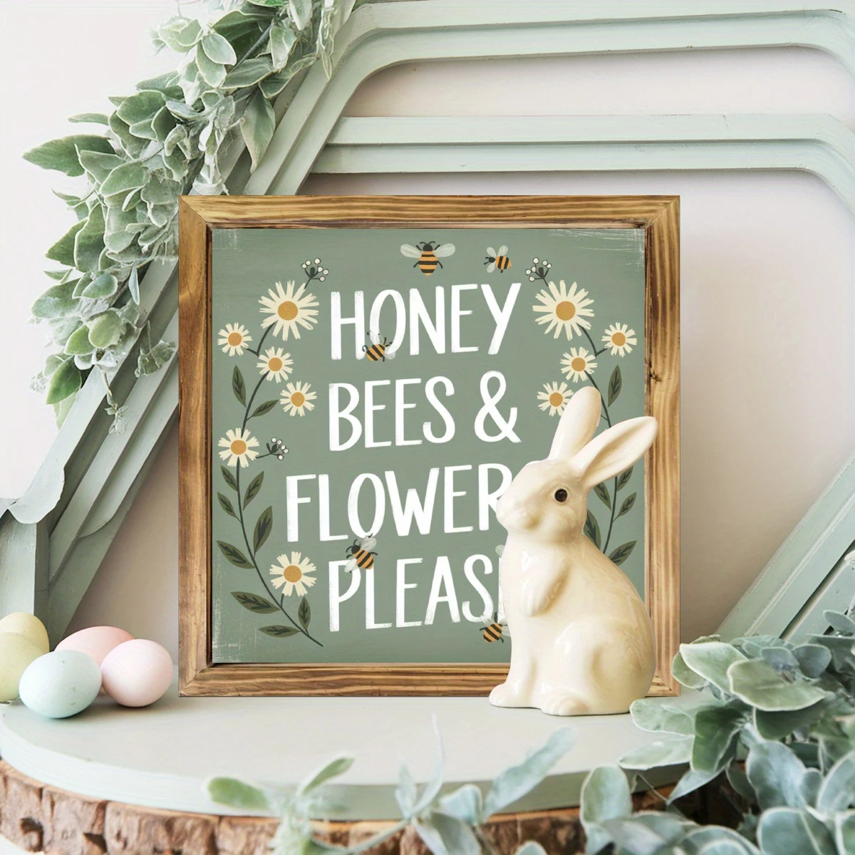 "8x8" 'Honey Bees & Flowers, Please' Wood Sign - Rustic Farmhouse Wall Art For Living Room, Entryway | Playful Easter Gift_voghion.com