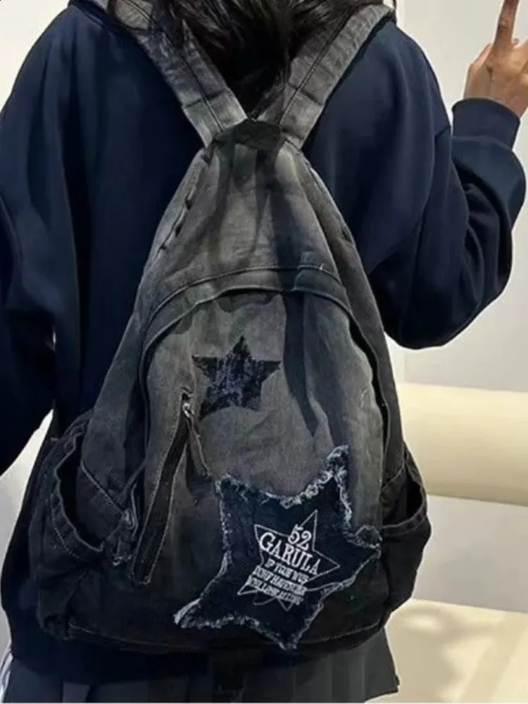 Denim Star Backpack Women Vintage Blue Gradient School Bag Large_voghion.com