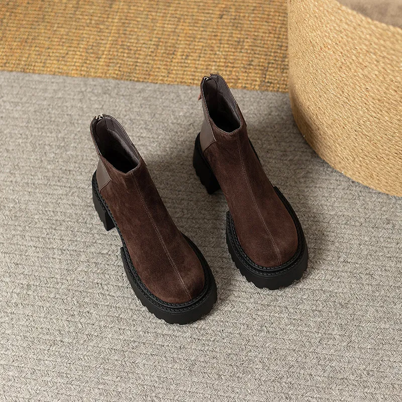 Women's Fashion Boots:Retro Round Toe Thick Sole Short Boots Winter New Trendy Versatile Martin Boots,Black/Brown,Free_voghion.com