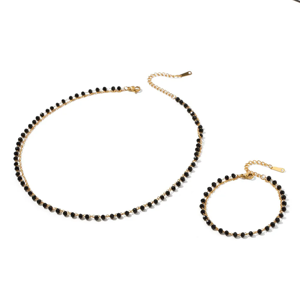 Lanțuri stil boho din oțel inoxidabil cu mărgele negre și piatră de sticlă dublă colier felie accesorii pentru femei_voghion.com