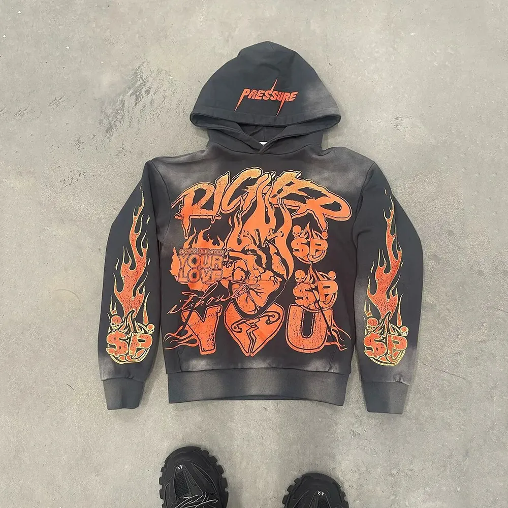 Tasarımcı Vintage Erkek Sweatshirtleri Grafik Baskılı Kazak Haruku Retro Y2K Sokak Giyimi High Street Yıkanmış Siyah Kapşonlu_voghion.com