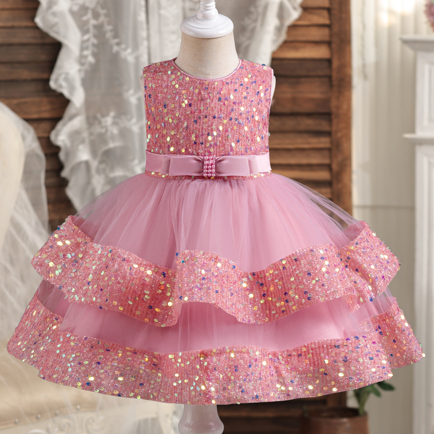 Mother&Kids Evening Dress Princess Dress Sequin Lolita Children Dress Butterfly Pearl Wedding dress for girls