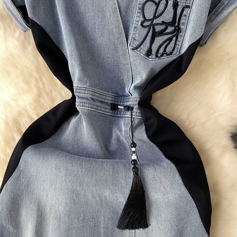 Kadın Giyim Retro ulusal trend tarzı kot elbise kadınlar için retro nakış bel inceltici yırtmaç kalça sarma moda_voghion.com