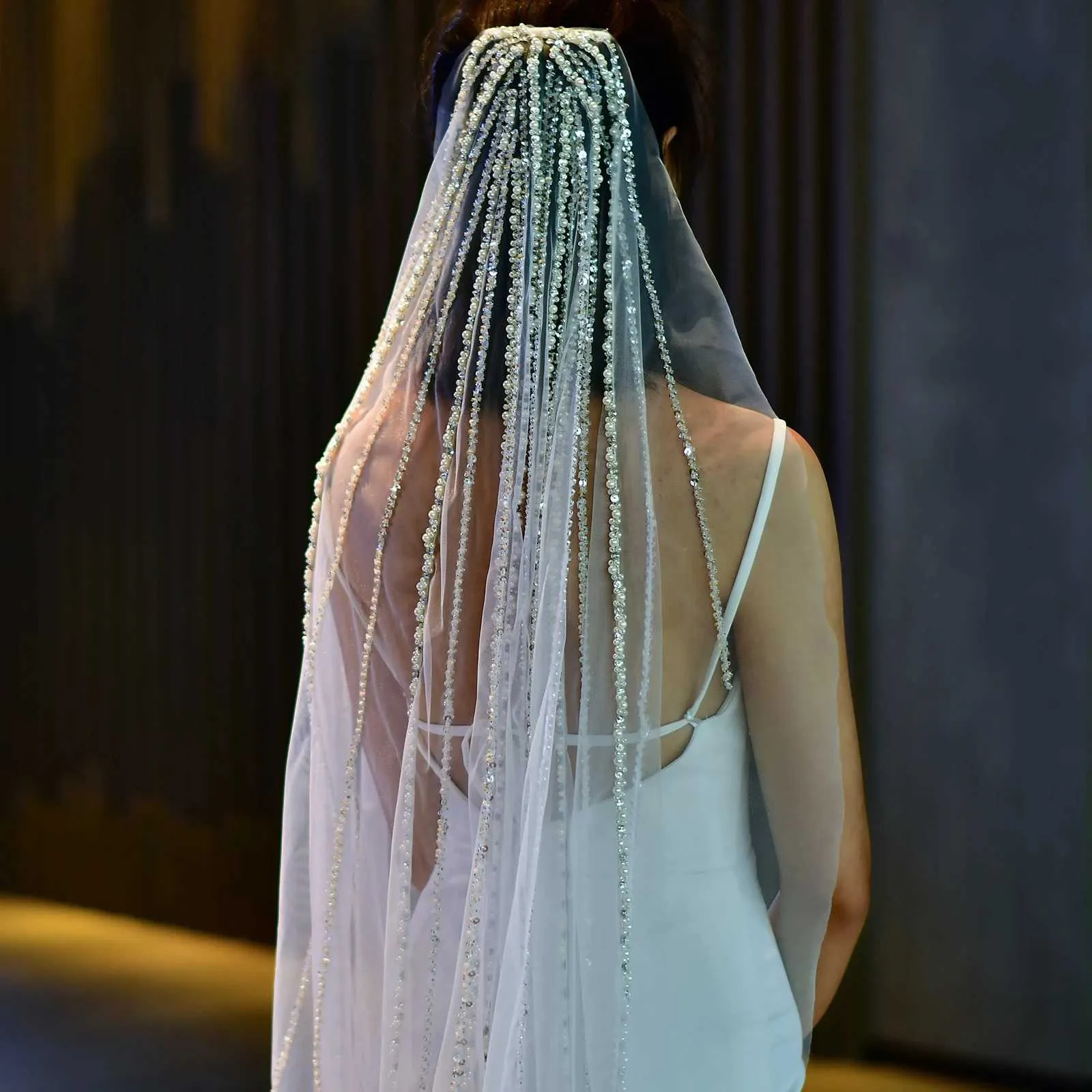 Velo da cattedrale con perline di cristallo, 1 strato, argento, tulle con perline, accessori da sposa bianchi per la sposa_voghion.com