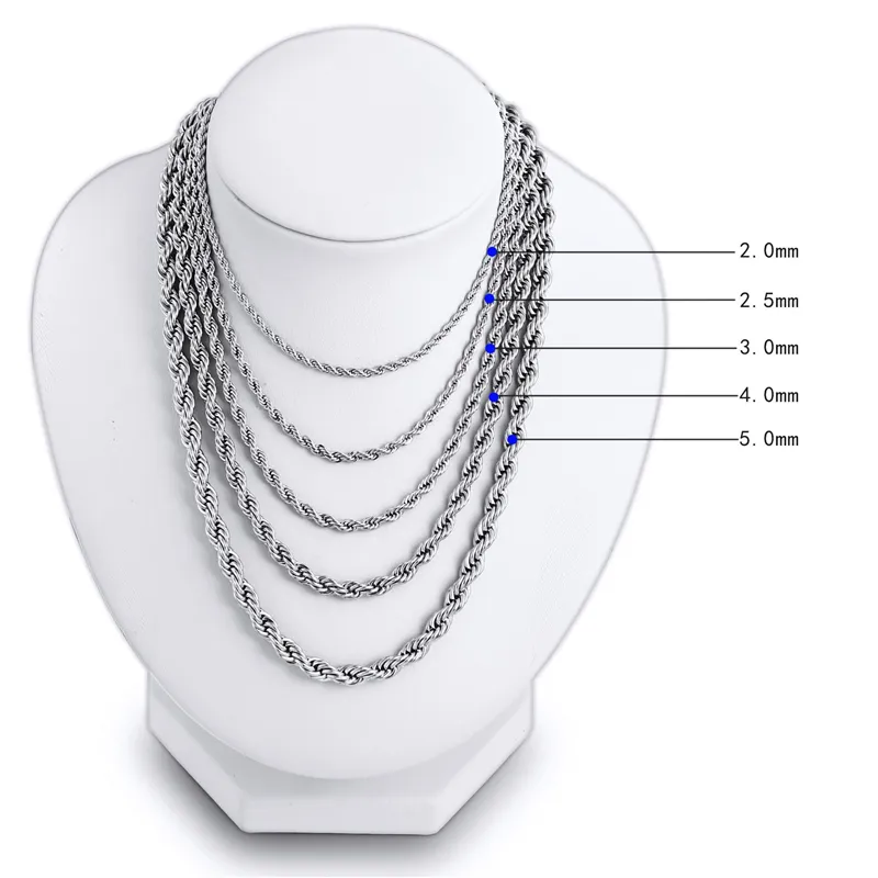 Collana con catena in corda di acciaio inossidabile da 2-5 mm, non sbiadisce, impermeabile, girocollo, uomo, donna, gioielli hip hop twist 316L_voghion.com