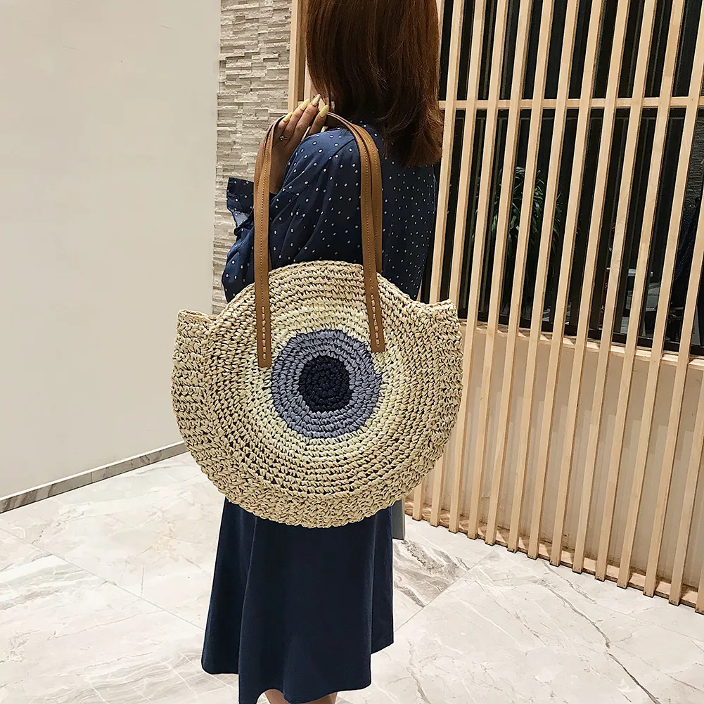 Borsa a tracolla rotonda estiva da donna in rattan intrecciato, in paglia, fatta a mano, da spiaggia, per la spesa, con manico superiore_voghion.com