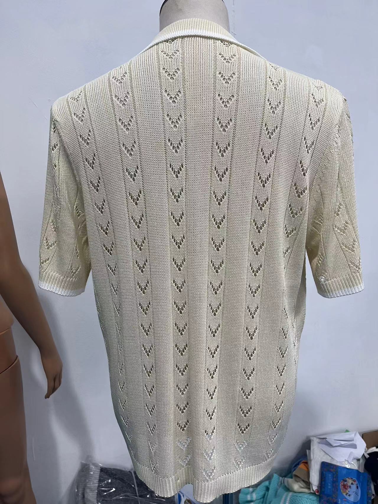Men's Clothing Casual Knitted Solid Color Short Sleeved Splicing Hollow Breathable Tops_voghion.com