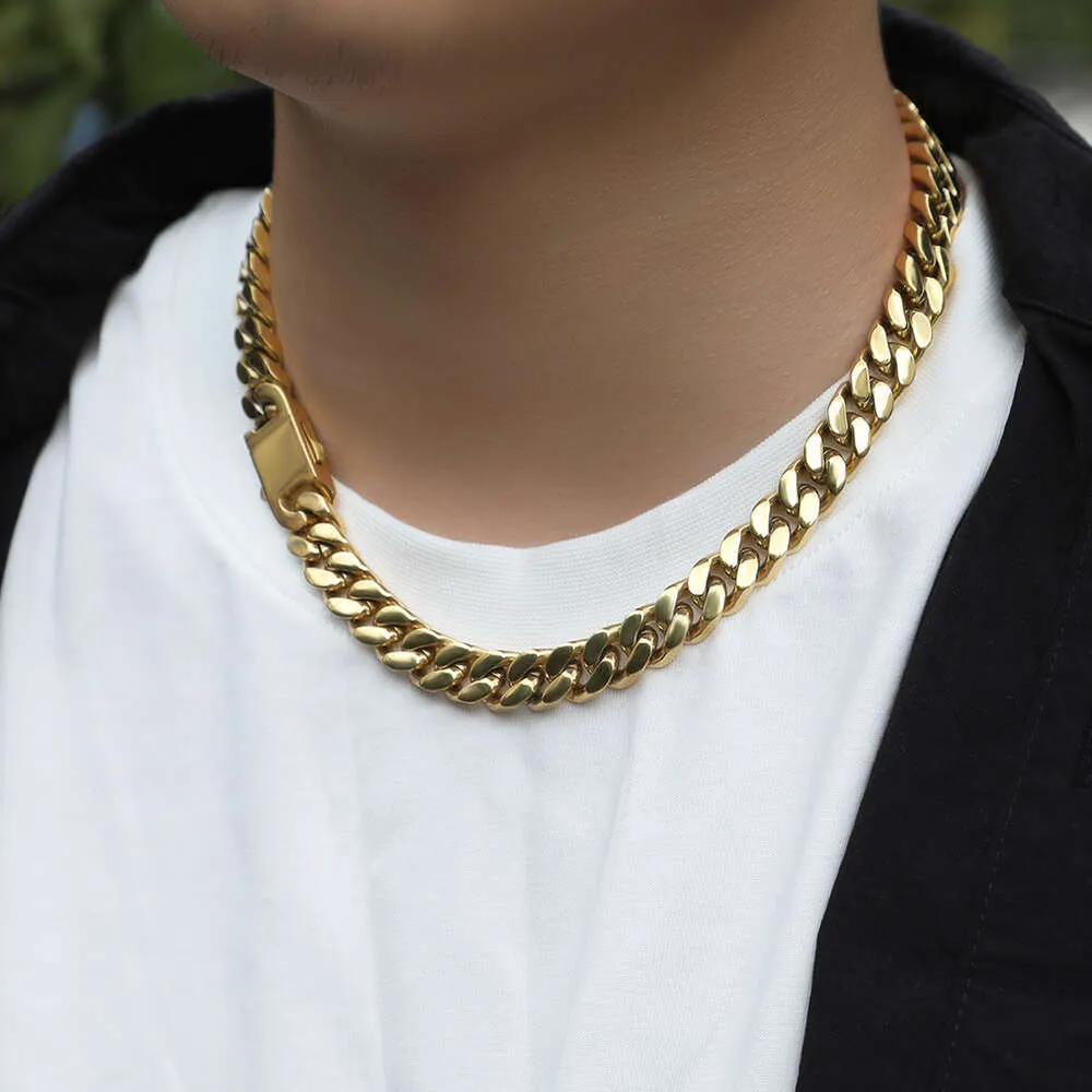 Collana con catena a maglie cubane in argento sterling dorato Hip Hop da 8-12 mm di larghezza per uomo, fibbia a molla liscia_voghion.com
