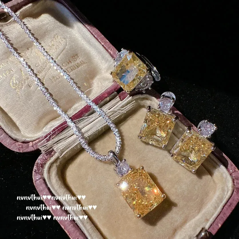 Sterling Sier Donna Set Lab Diamante Zircone Giallo Collana Anello Orecchini Donna Sposa Gioielli da Sposa 240119_voghion.com
