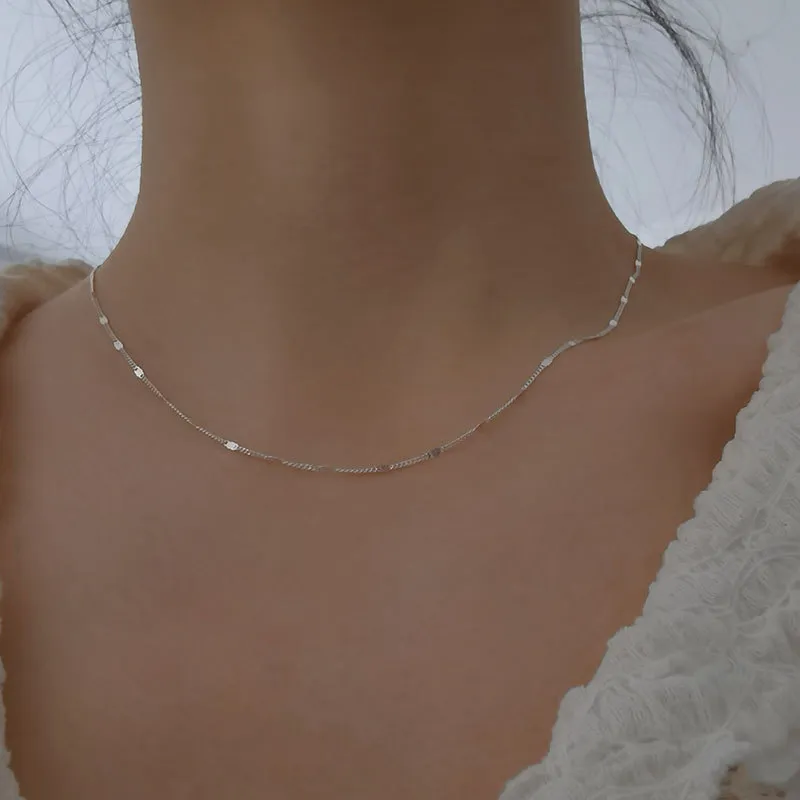 Chains S Sterling Sier Sparkling Sequin Necklace Simple And Versatile Japanese Korean Minimalist Short Plain Chain_voghion.com