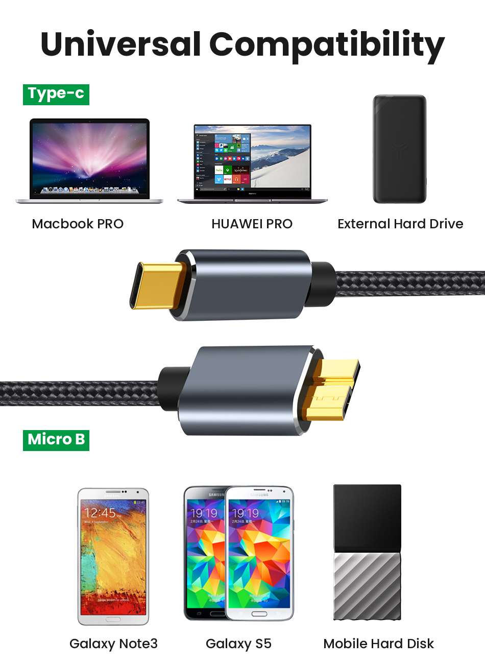 USB C to Micro B Cable USB 3.0 Type C 5Gbps Data Connector Adapter For Hard Drive Smartphone PC Type C Charger Camera Disk Cord_voghion.com