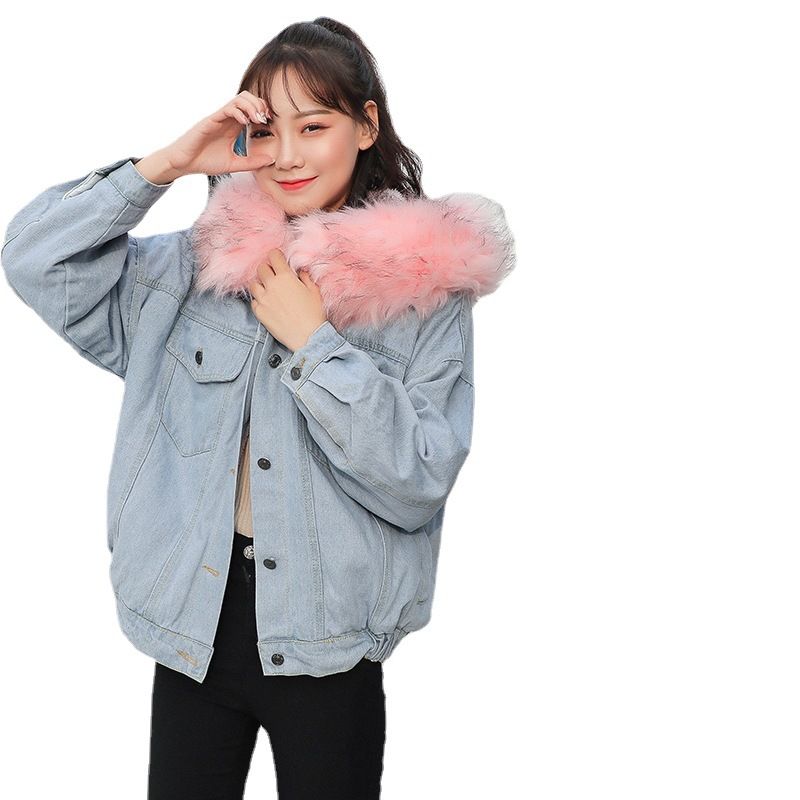 Vêtements pour femmes, hauts en jean à col en fourrure épaisse, vestes courtes amples en coton pelucheux pour femmes_voghion.com