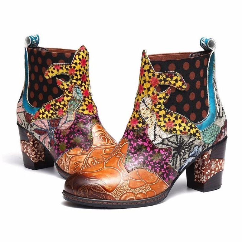 Vintage Splicing Impresso Tornozelo para Mulheres Sapatos Femininos PU Couro Retro Bloco Salto Alto Bohemian Senhoras Inverno Curto_voghion.com