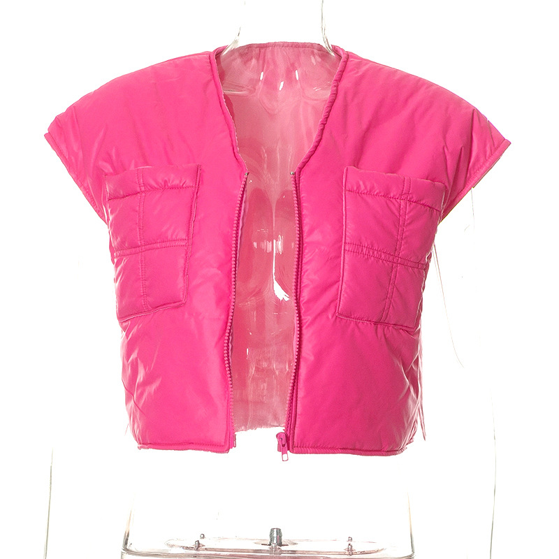 K22TP499 Inverno Nuovo 2024 Tinta Unita Senza Maniche Tasca con Cerniera Casual Donna Cotone e Canotta Top_voghion.com