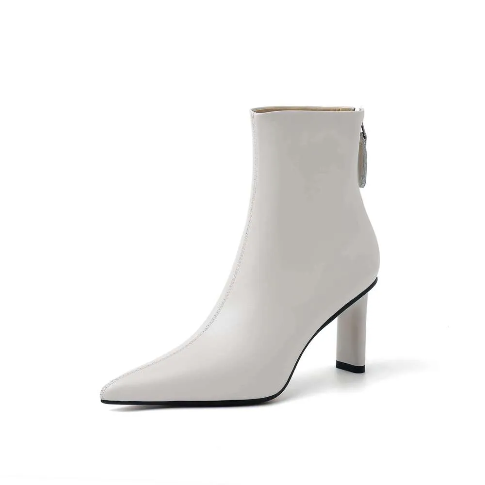 Cow Leather Pointed Toe High Heels Zipper Modern Warm Winter Shoes Concise Fashion Solid Elegant Ankle Boots_voghion.com