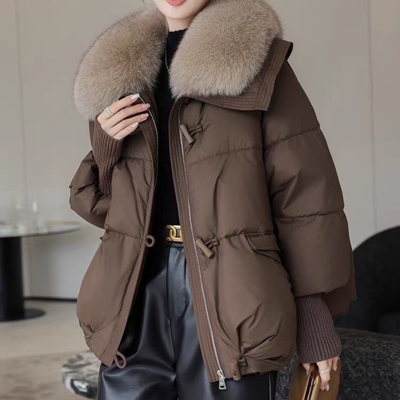 Women's Winter Puffer Jacket With Detachable Faux Fur Hood, Short Length, Loose Fit, Thickened Polyester Coat For Streetwear Fashion