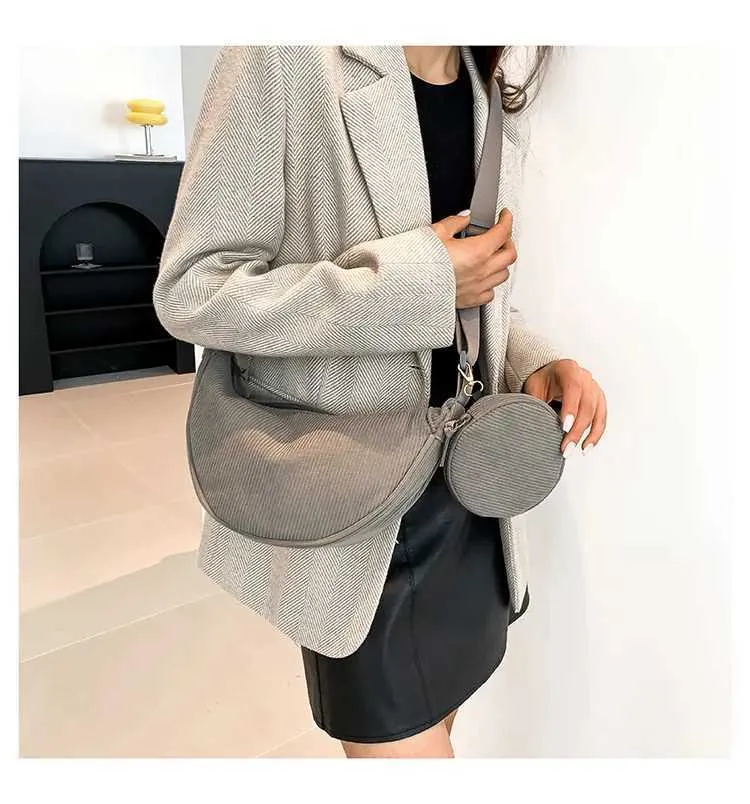 Borsa a tracolla casual in velluto a coste da donna Hobos, semplice, tinta unita, borsa a tracolla da donna, versatile, da pendolare_voghion.com
