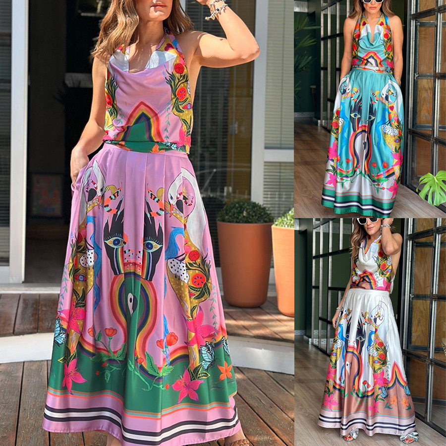 Ropa de mujer Primavera y verano nuevo vestido sin mangas estampado INS casual suelto vestido de vacaciones con cordones