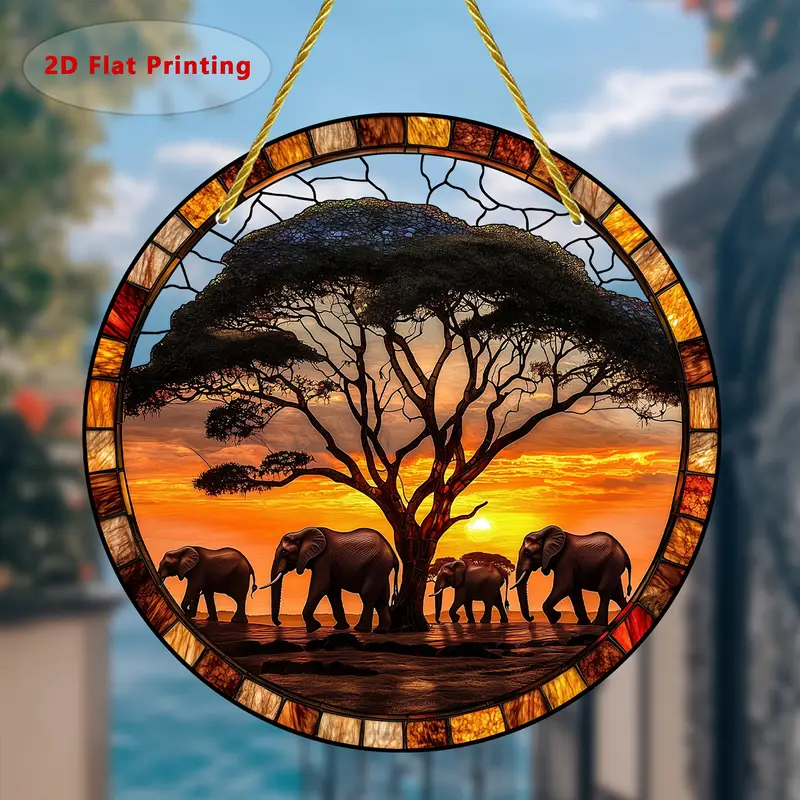 One Piece, A 2D Printed Round Acrylic Dusk Elephant Colorful Garden Sun Catcher._voghion.com
