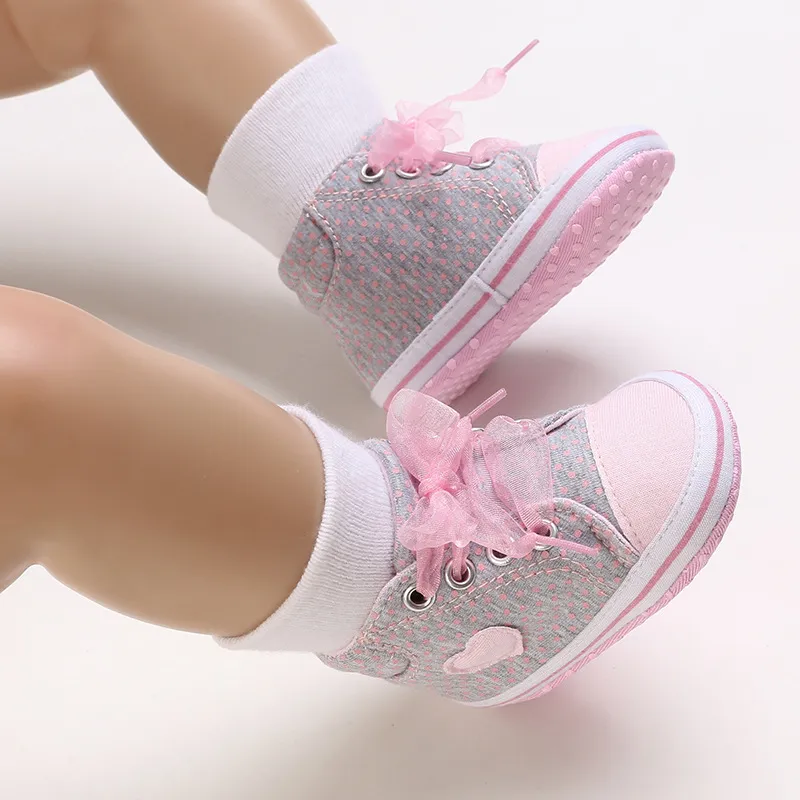 Littlesprouts Babyschuhe für Mädchen, mit Schleife, Spitze, Punktemuster, hohe Sneakers, lässig, weiche Unterseite, Neugeborene, Kleinkinder_voghion.com