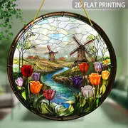 Windmill & Tulips Suncatcher - Vibrant Stained Glass-style Acrylic. Perfect For Mother's Day, Living Room,or Office Decor. Classic Round Hanging Panel_voghion.com