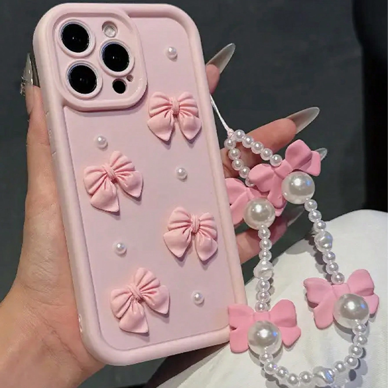 New 3D Pearl Bow Phone Case On For Iphone 16 16E 15 14 13 12 11 Pro MAX XS Max XR 7 8 Plus With Bracelet Wrist