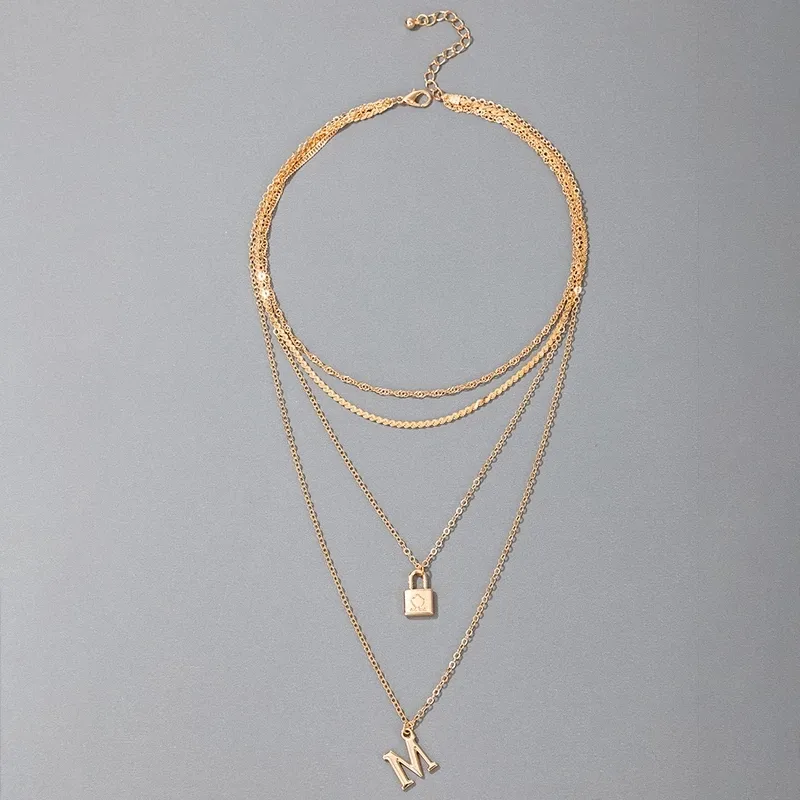 Catene Trendy Lettera Lucchetto Pendente Collana Per Le Donne Charms Multistrato Oro Colore Lega Geometria Regolabile Gioielli_voghion.com
