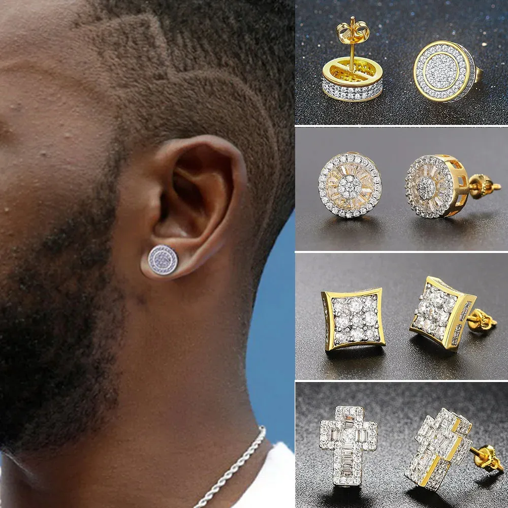 Orecchini a cerchio con borchie Hip Hop Iced Out per uomo, con zirconi color oro, accessori per piercing all'orecchio, tendenza Hiphop_voghion.com