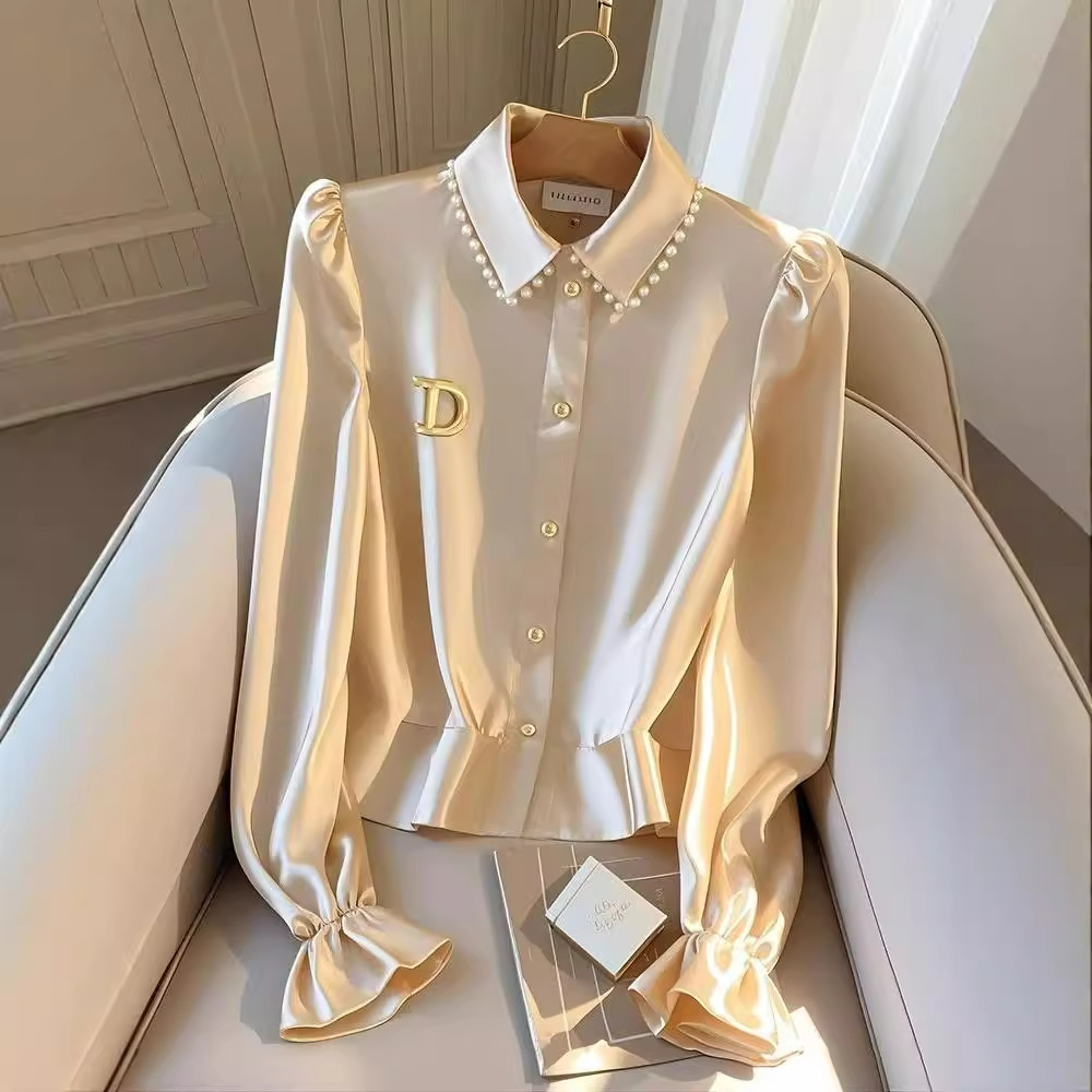 Chemise à manches longues en satin champagne pour femme, style de vêtements pour femme, début d'automne, élégant, haut de gamme, chic, beau, taille haute