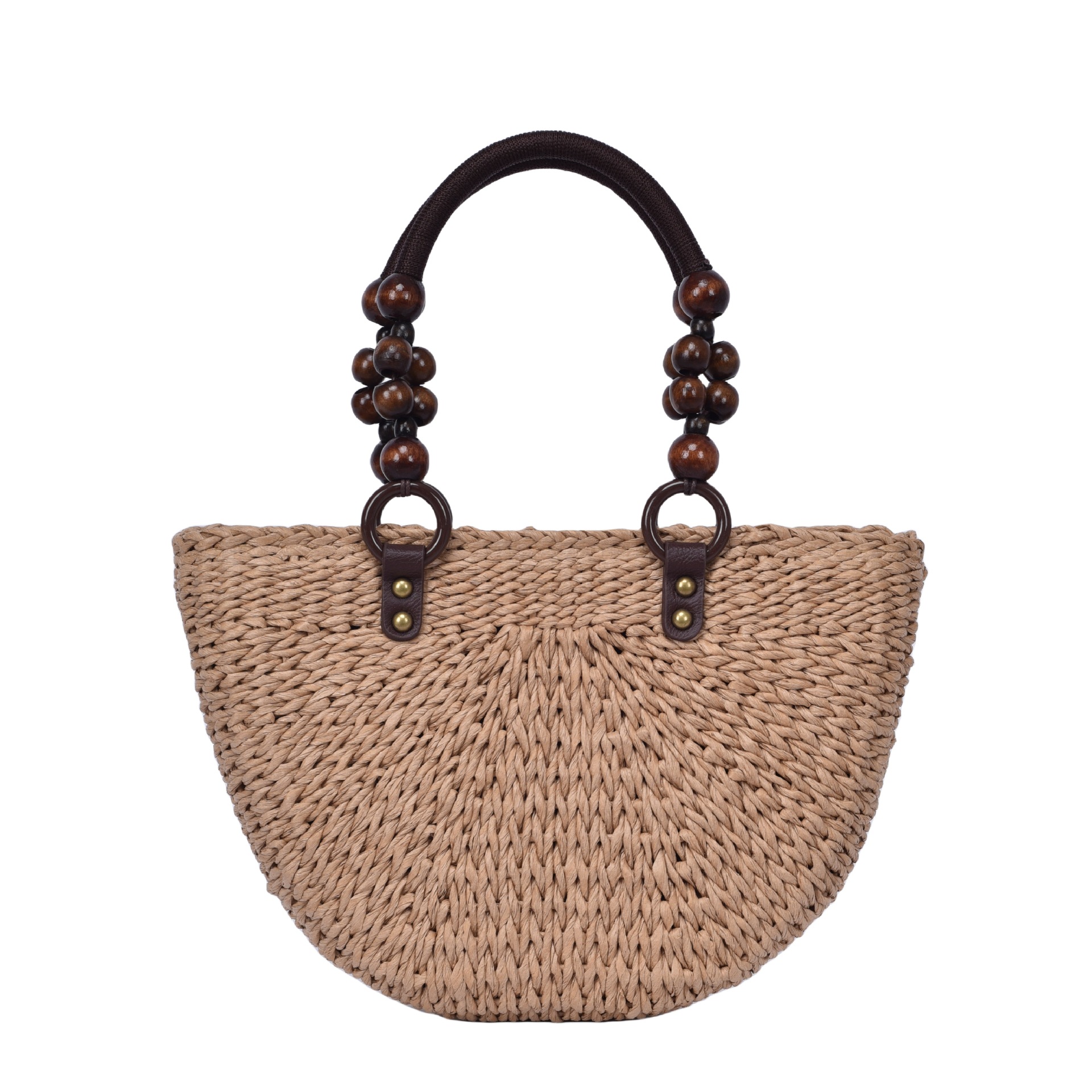 2024 nova palha artesanal tecido contas de madeira alça trançada semi-circular praia férias pastoral cross-border tote bolsa feminina_voghion.com