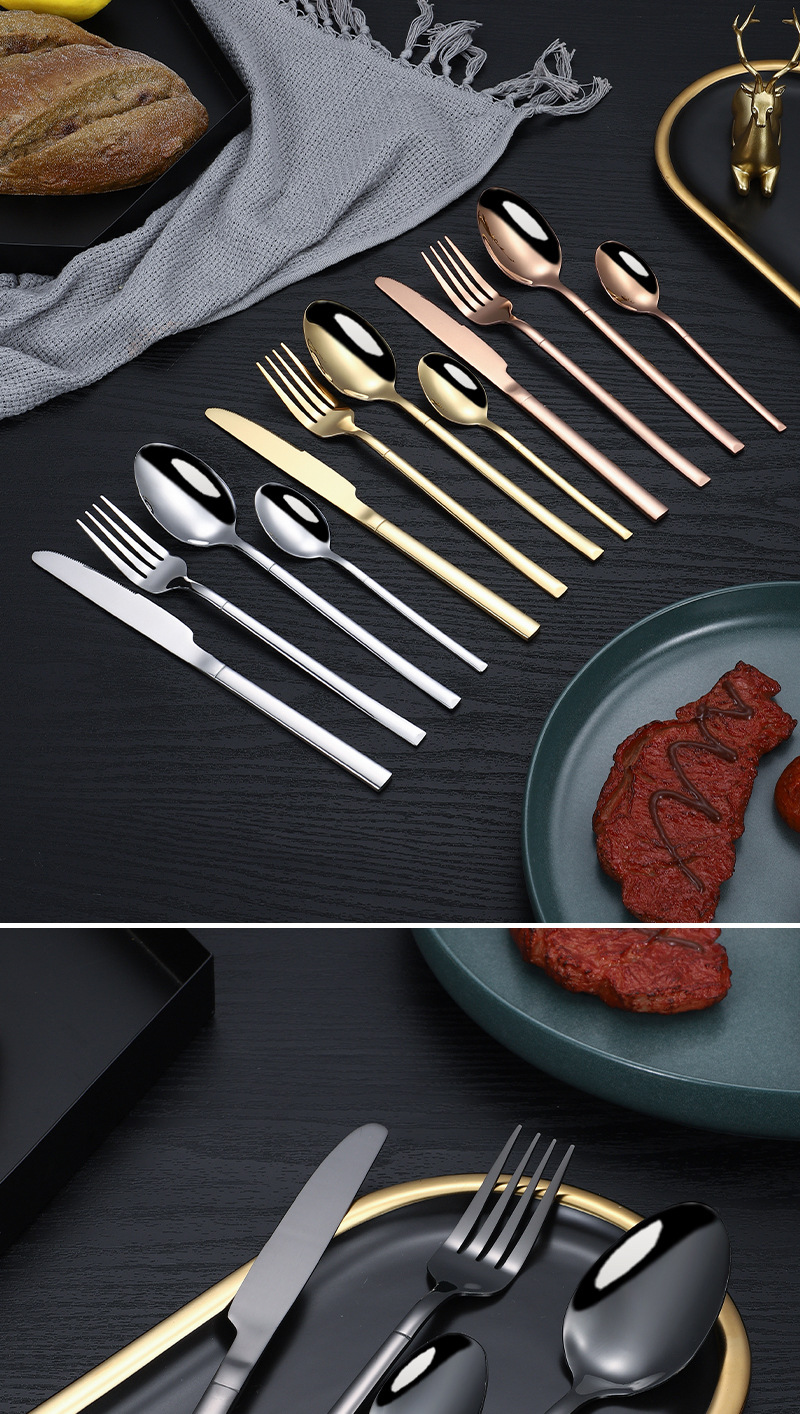 24 of stainless steel tablew, steak knives, forks, spoons, 4 main pieces set, knight Western style gold-plated_voghion.com