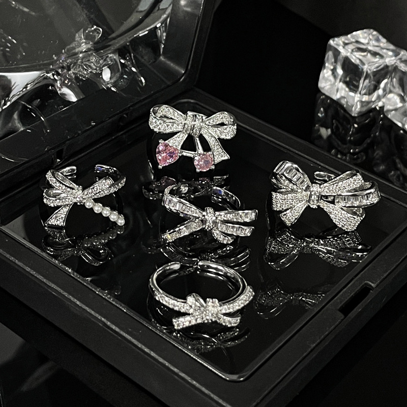 High end Light Luxury Full Diamond Zircon Bow Sweet Cool Open Female Instagram Cold Elegant Elegance Small and Popular_voghion.com