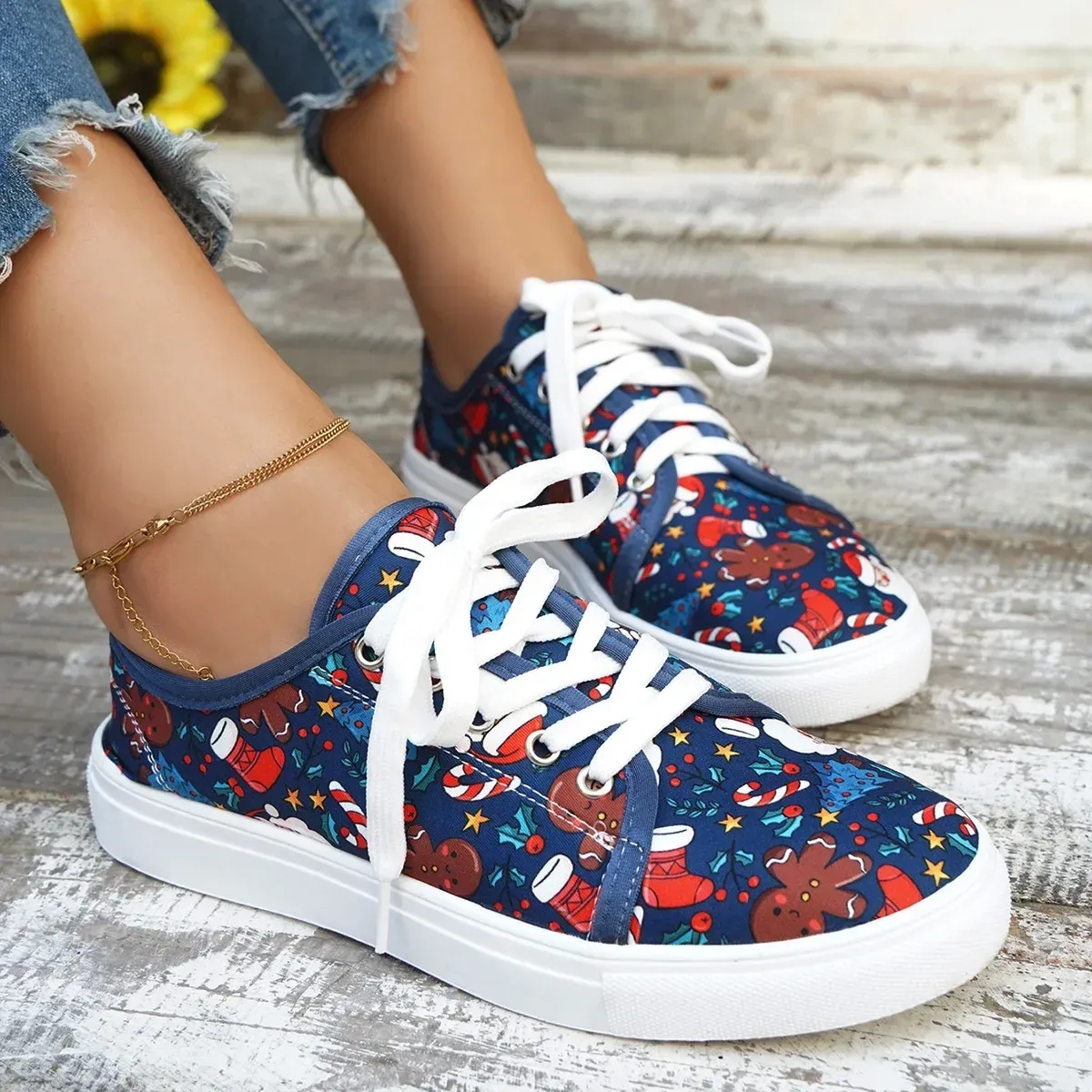 Sneakers di Natale Donna Nuovo Autunno Moda Babbo Natale Stampa Adorabili Casual Scarpe Basse Signore Festival Scarpe Vulcanizzate 2024_voghion.com