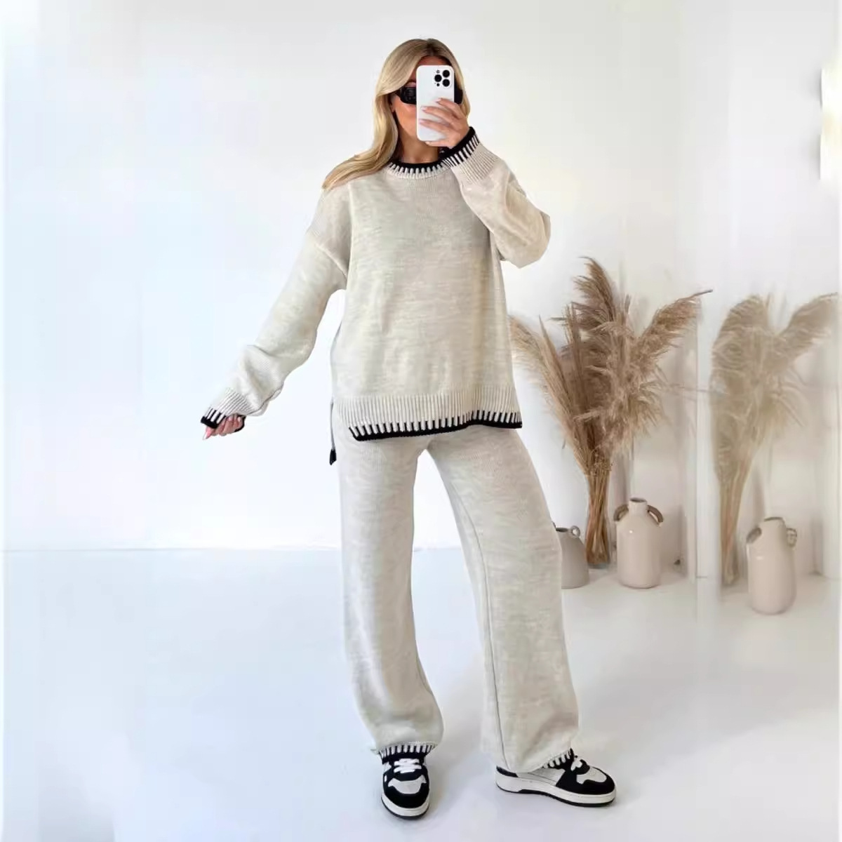 ​​"Women's Casual Loose Knit Sweater Two-Piece Set - Geometric Embroidery Pullover & Cardigan - Autumn Winter Fashion (, , ,