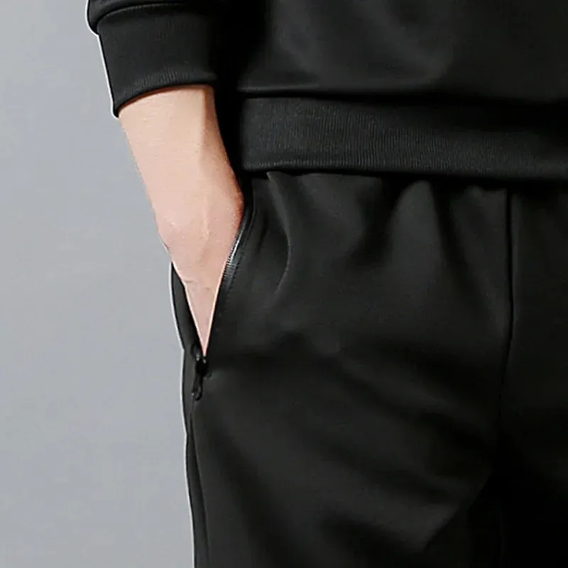 Set di abbigliamento sportivo da uomo tinta unita, patchwork con cerniera, trapuntato da uomo, felpa con cappuccio casual primaverile, felpe con cappuccio, 2 pezzi + pantaloni da jogging_voghion.com