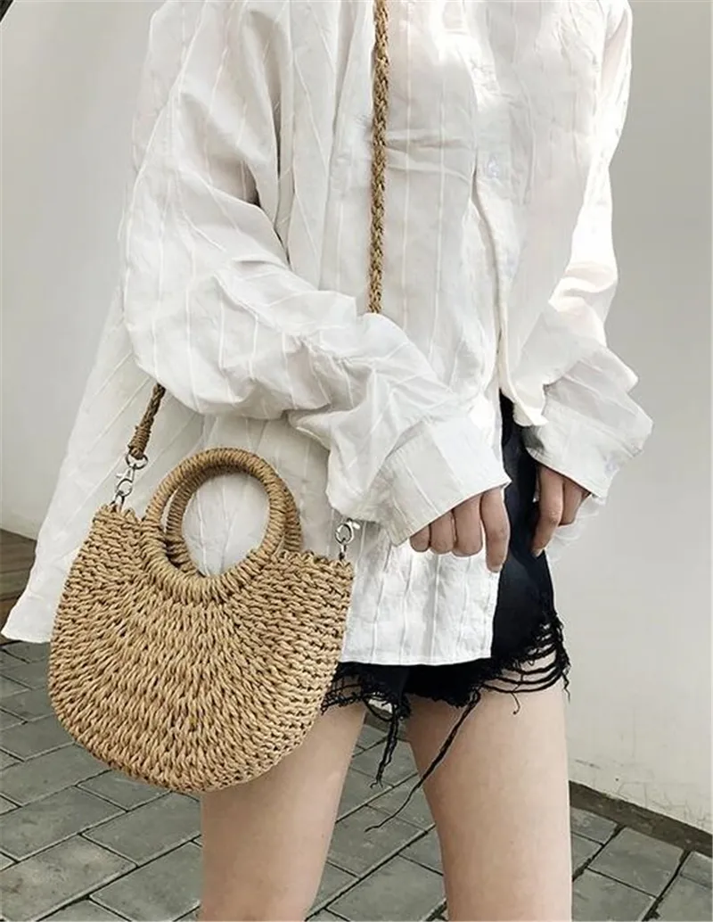 Sommer-Handgefertigte Taschen für Frauen, Weben, Damen, Strohumwickelte Strandtasche, Mondförmige Handtaschen mit Griff oben_voghion.com