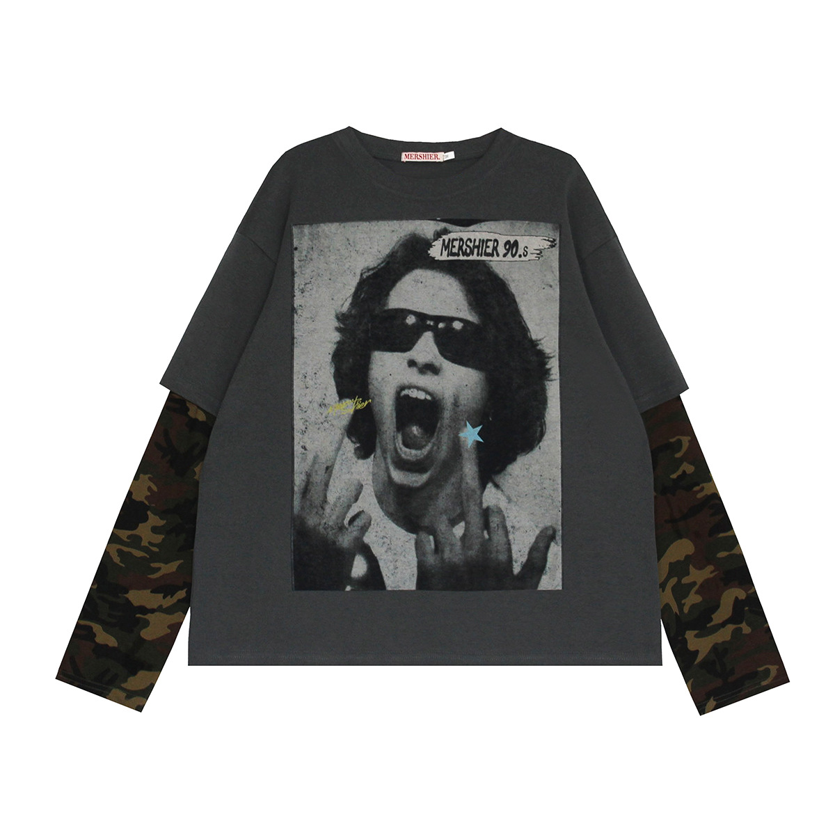 Men’s Clothing Street Hip Hop Trendy Rock Character Print Two Piece Long Sleeved T Shirt