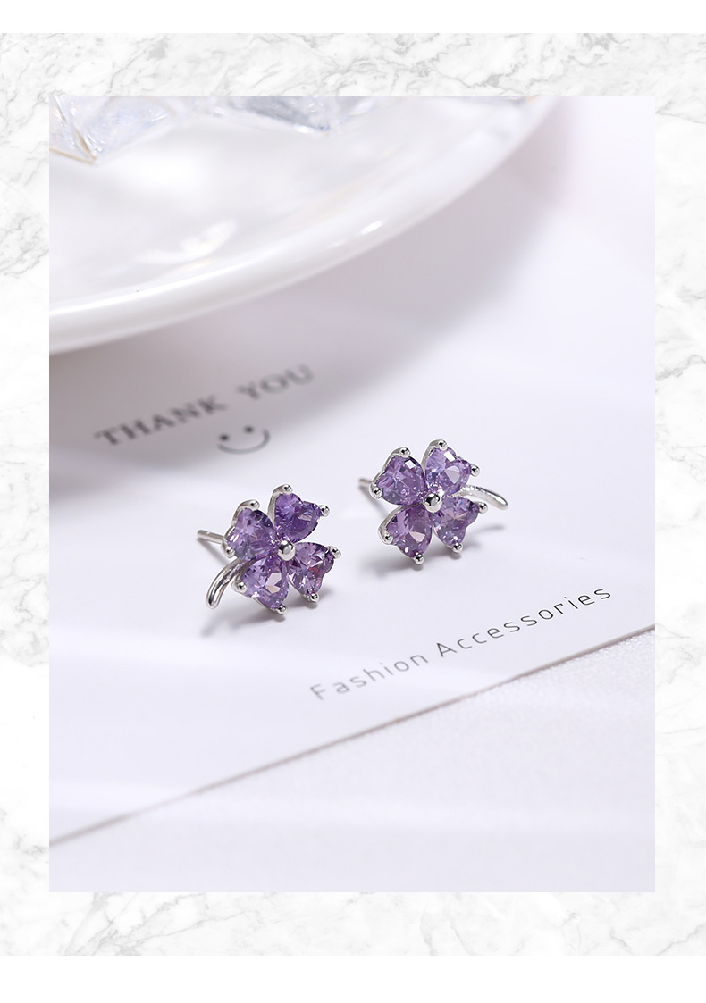 Wanying Jewelry Purple Diamond Clover S Pure Silver Korean Edition Minimalist Instagram Little Fresh Earrings_voghion.com