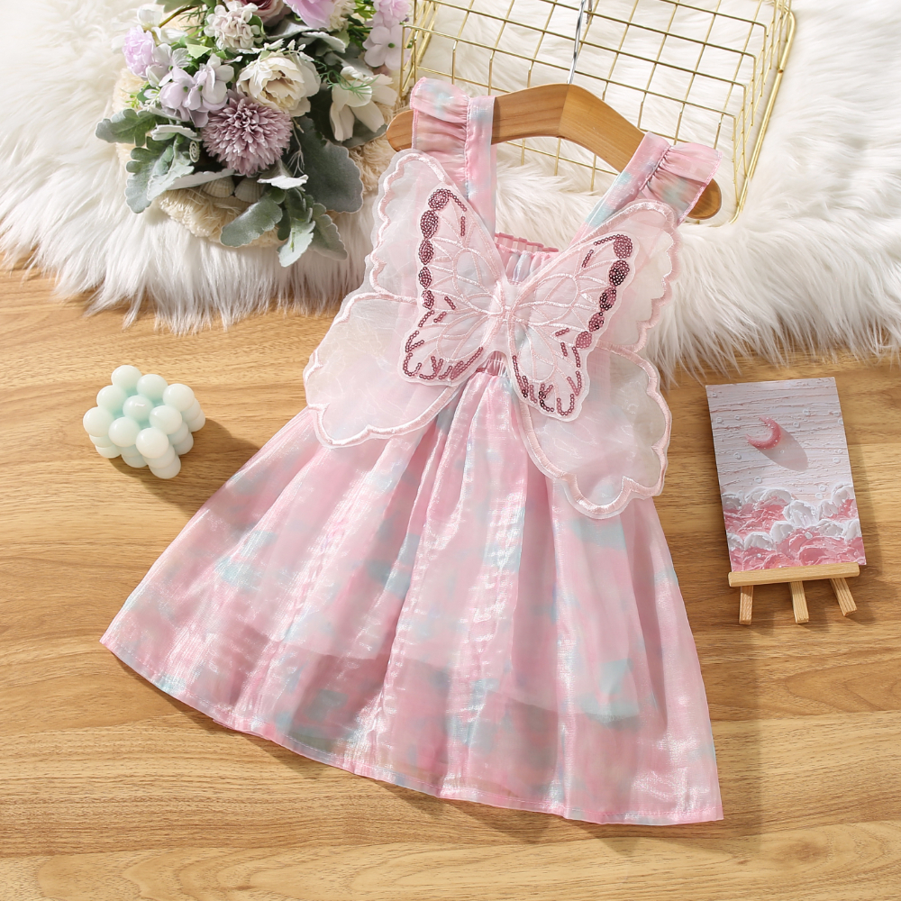 Baby Girl Pink Chiffon Dress Butterfly Wings Princess Dress Kids Birthday Party Dress_voghion.com