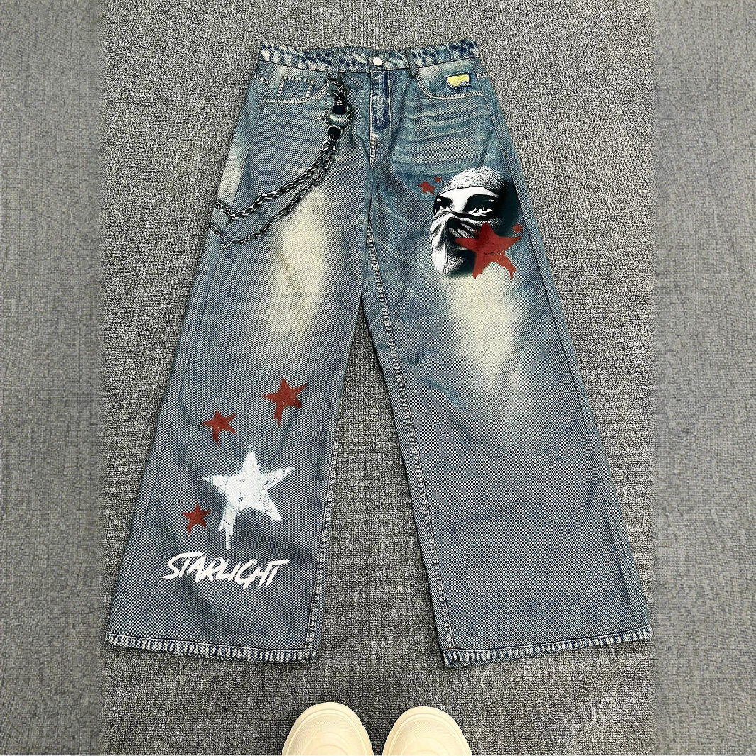 Men’s Printed Jeans American Trendy Brand Wide Leg Straight Suitable For Daily Leisure 2810