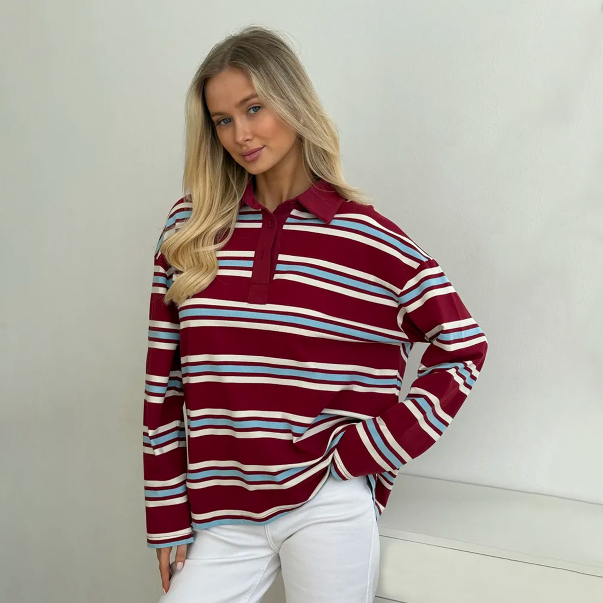 Women's Clothing Long Sleeve Striped Polo Shirt - Vintage Loose Fit Cotton Blend Casual Top For Spring & Summer