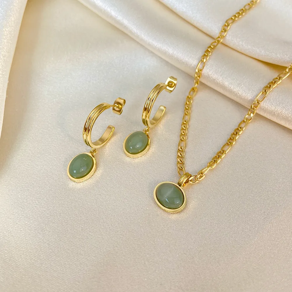 Grüner Aventurin Jade runder Anhänger Figaro Kette Edelstahl Halskette Ohrringe Set Vintage vergoldeter Schmuck für_voghion.com